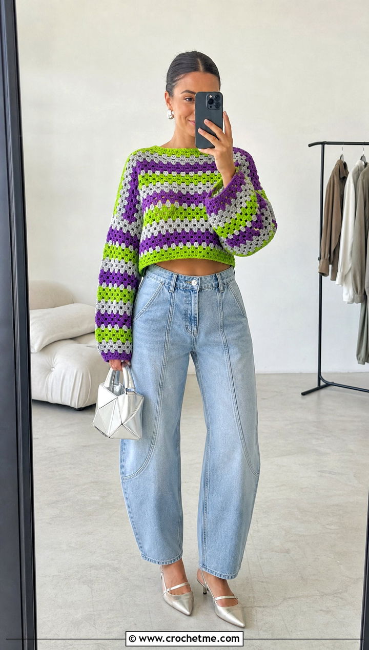 Boxy Crochet Granny Stripe Sweater With Barrel Jeans - 25 Crochet Granny Stripe Sweater outfit ideas