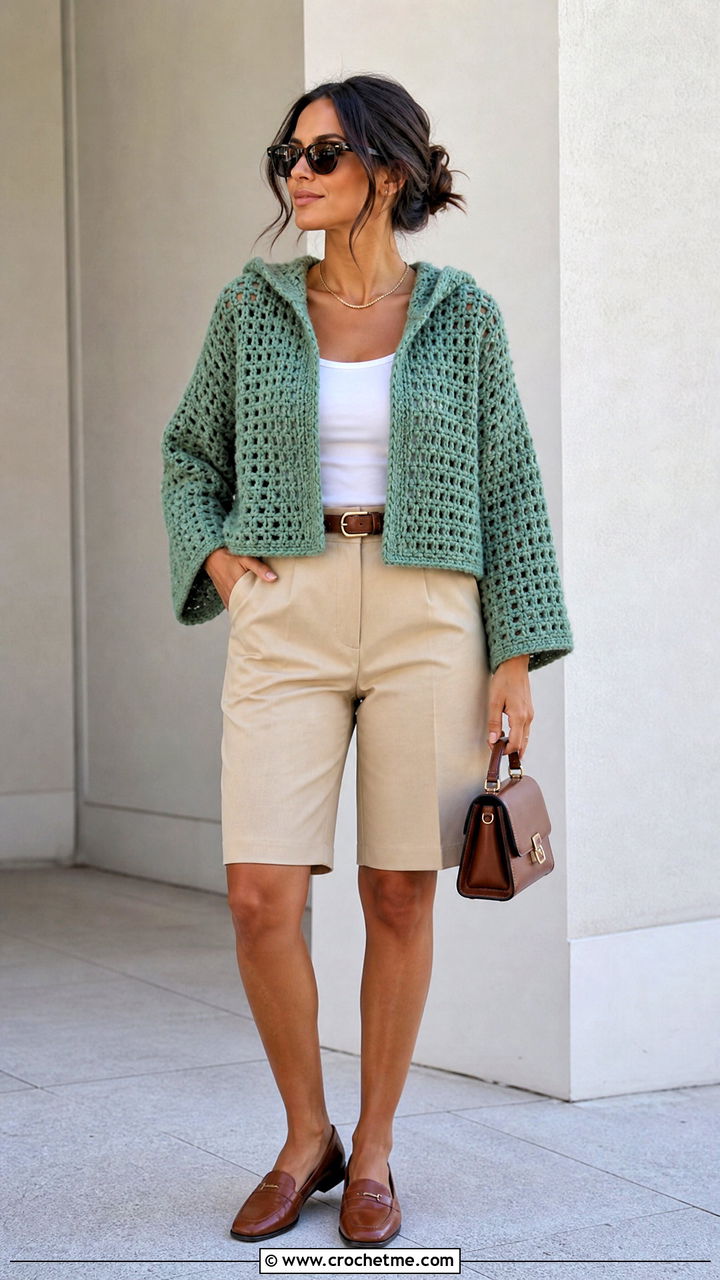 Boxy Crochet Hoodie With Bermuda Shorts - 35 crochet hoodie outfit ideas