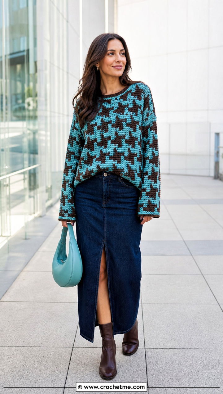 Boxy Crochet Houndstooth Sweater With Denim Maxi Skirt - 35 crochet houndstooth sweater outfit ideas