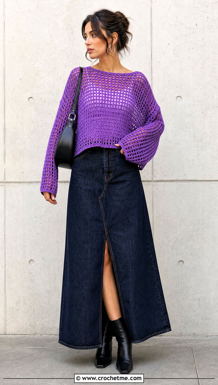 Boxy Crochet Mesh Shirt With Denim Maxi Skirt - 30 crochet mesh shirt outfit ideas