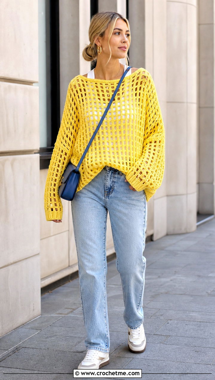 Boxy Crochet Mesh Sweater With Straight Leg Jeans - 35 oversized crochet mesh sweater outfit ideas