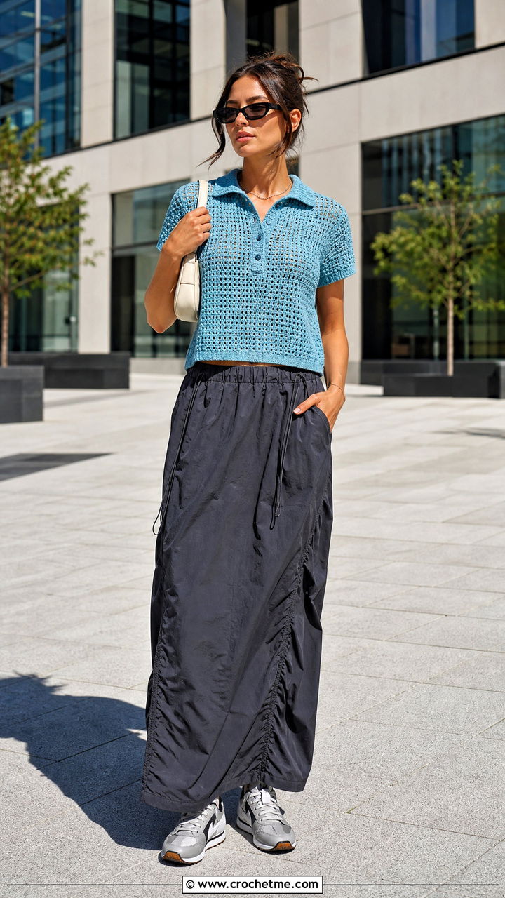 Boxy Crochet Polo Shirt With Parachute Skirt - 35 crochet polo shirt outfit ideas
