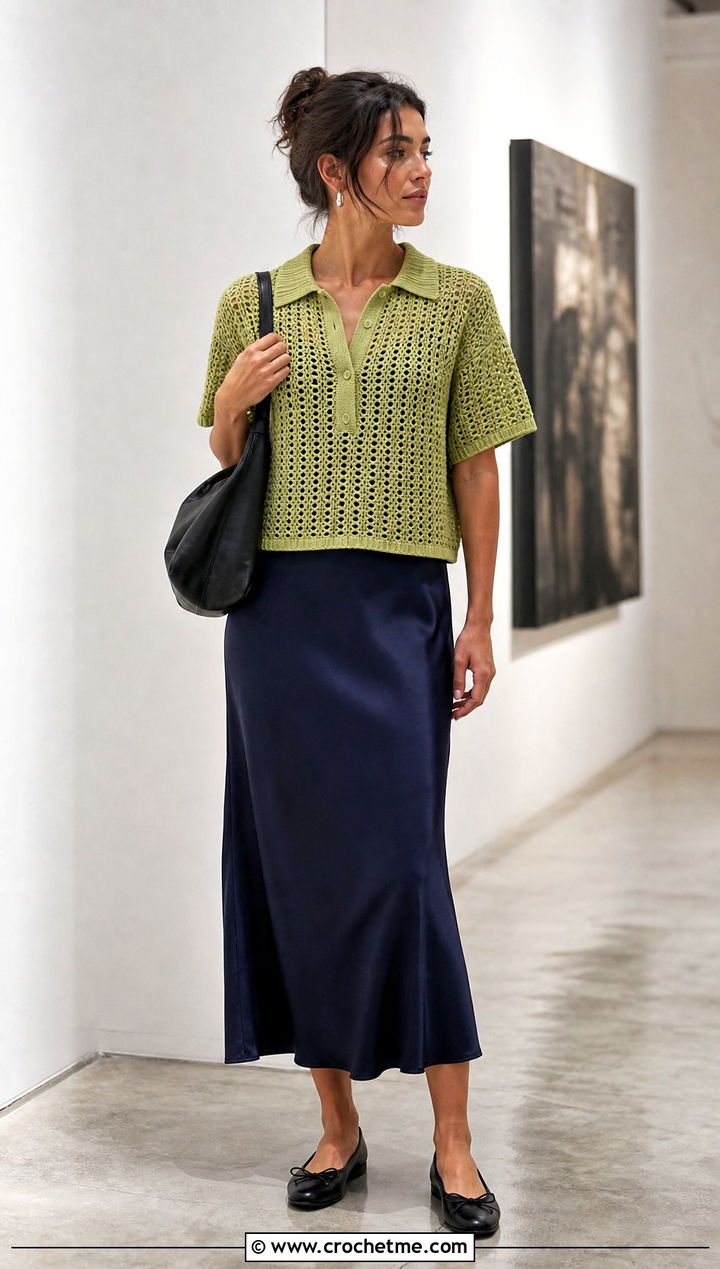 Boxy Crochet Polo Shirt With Slip Dress - 25 women crochet polo shirt outfit ideas
