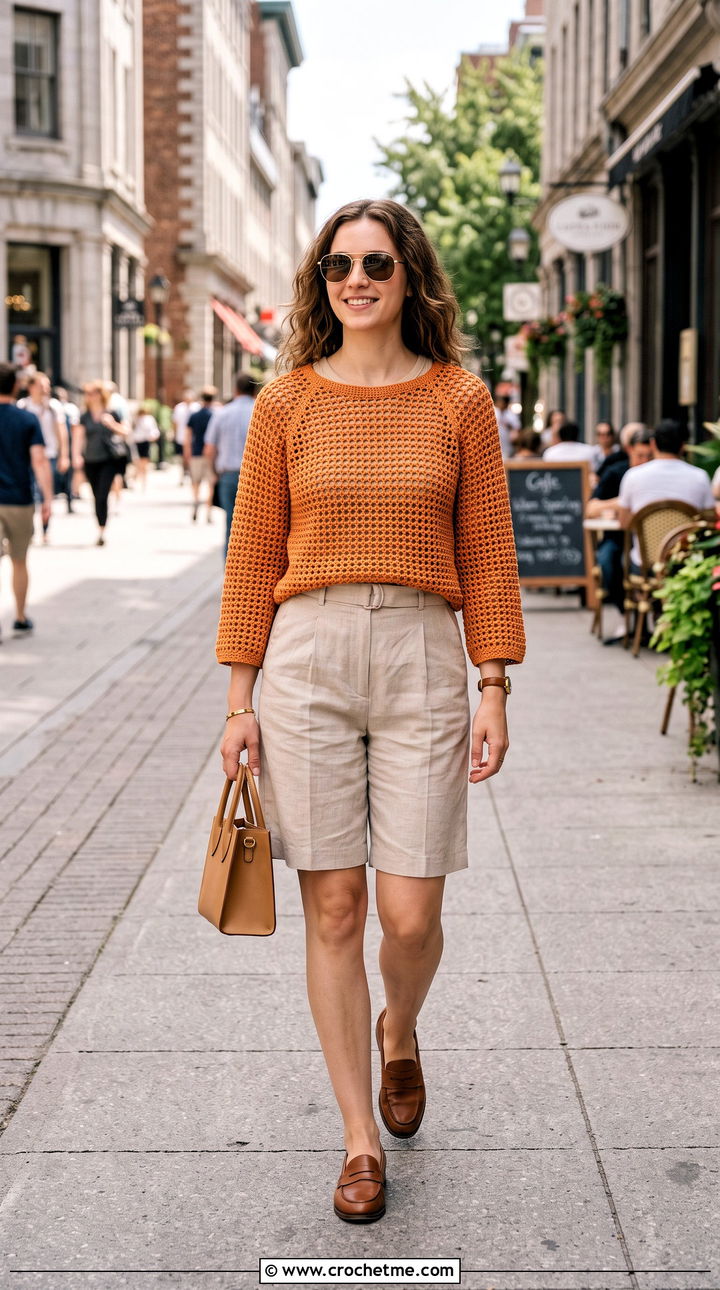 Boxy Crochet Raglan Mesh Top With Bermuda Shorts - 25 Crochet Raglan Mesh Top outfit ideas