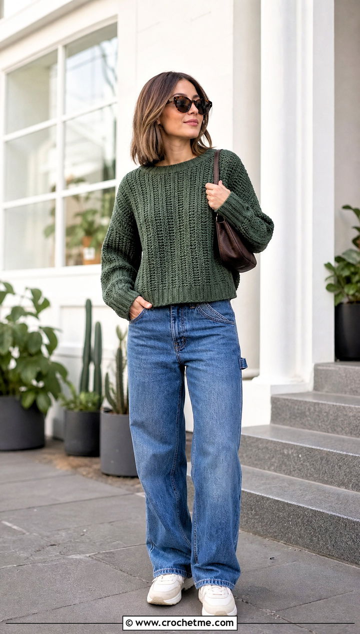 Boxy Crochet Ribbed Sweater With Carpenter Jeans - 35 crochet ribbed sweater outfit ideas