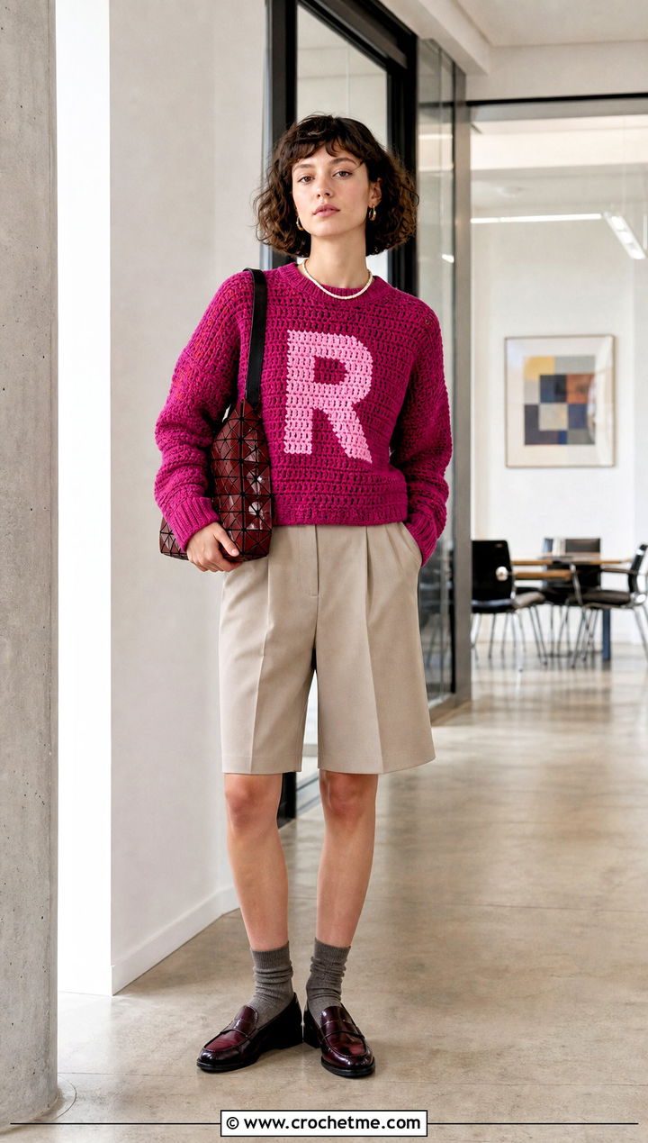 Boxy Crochet Ron Weasley Sweater With Bermuda Shorts - 25 Crochet Ron Weasley Sweater outfit ideas