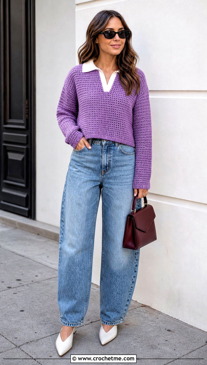 Boxy Crochet Rugby Shirt With Barrel Jeans - 25 Crochet Rugby Shirt outfit ideas