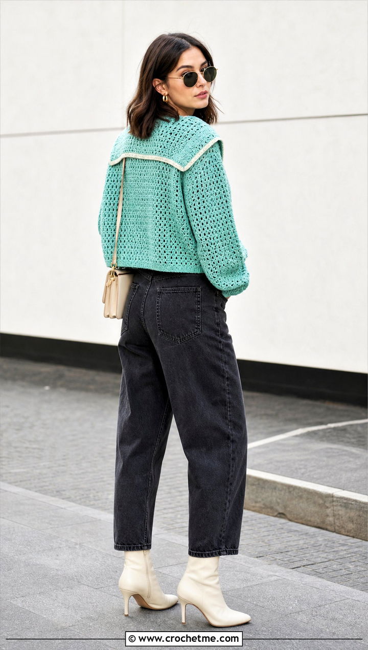 Boxy Crochet Sailor Collar Sweater With Barrel Jeans - 35 crochet sweater with collar outfit ideas