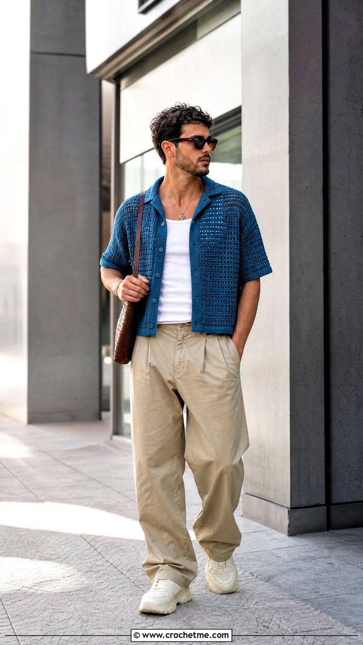 Boxy Crochet Shirt With Baggy Chinos - 35 mens crochet shirt outfit ideas