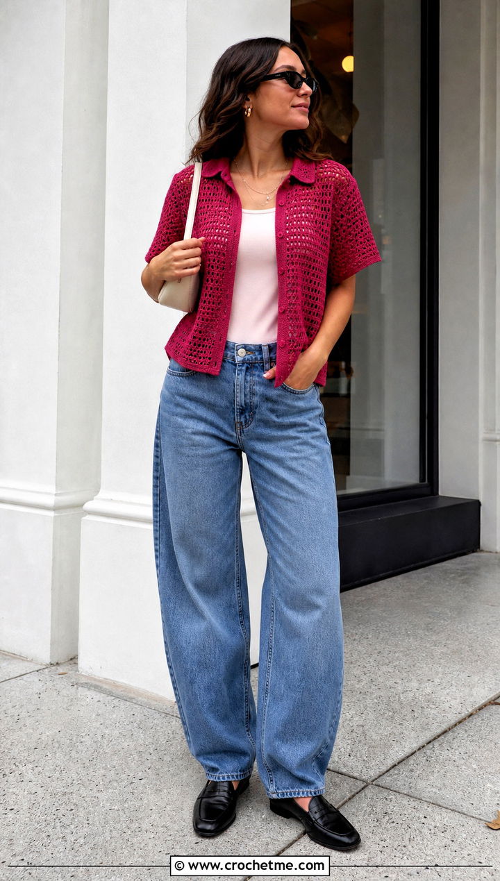 Boxy Crochet Shirt With Barrel Leg Jeans - 30 crochet unisex shirt outfit ideas