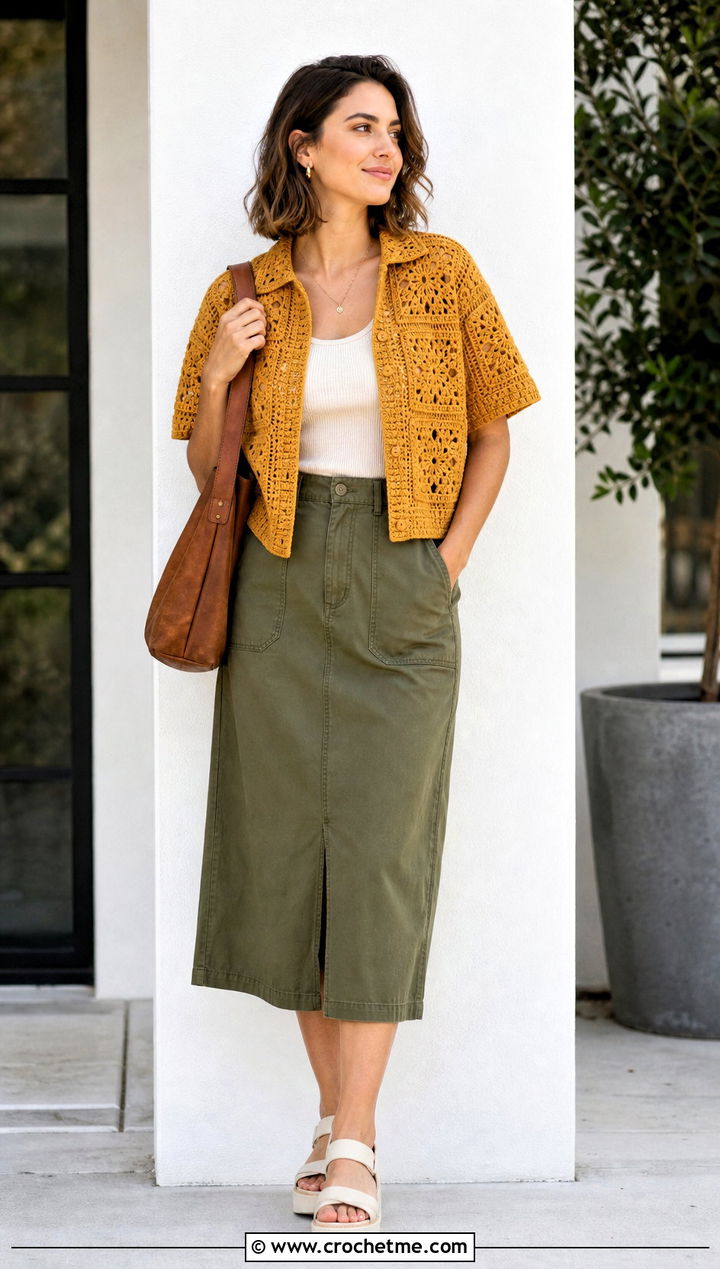 Boxy Crochet Shirt With Utility Midi Skirt - 30 easy crochet shirt outfit ideas