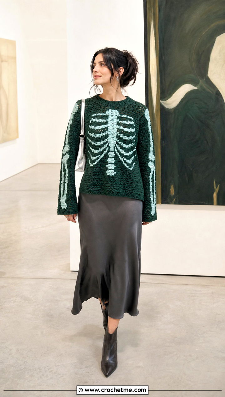 Boxy Crochet Skeleton Sweater With Bias Cut Midi Skirt - 30 Crochet Skeleton Sweater outfit ideas