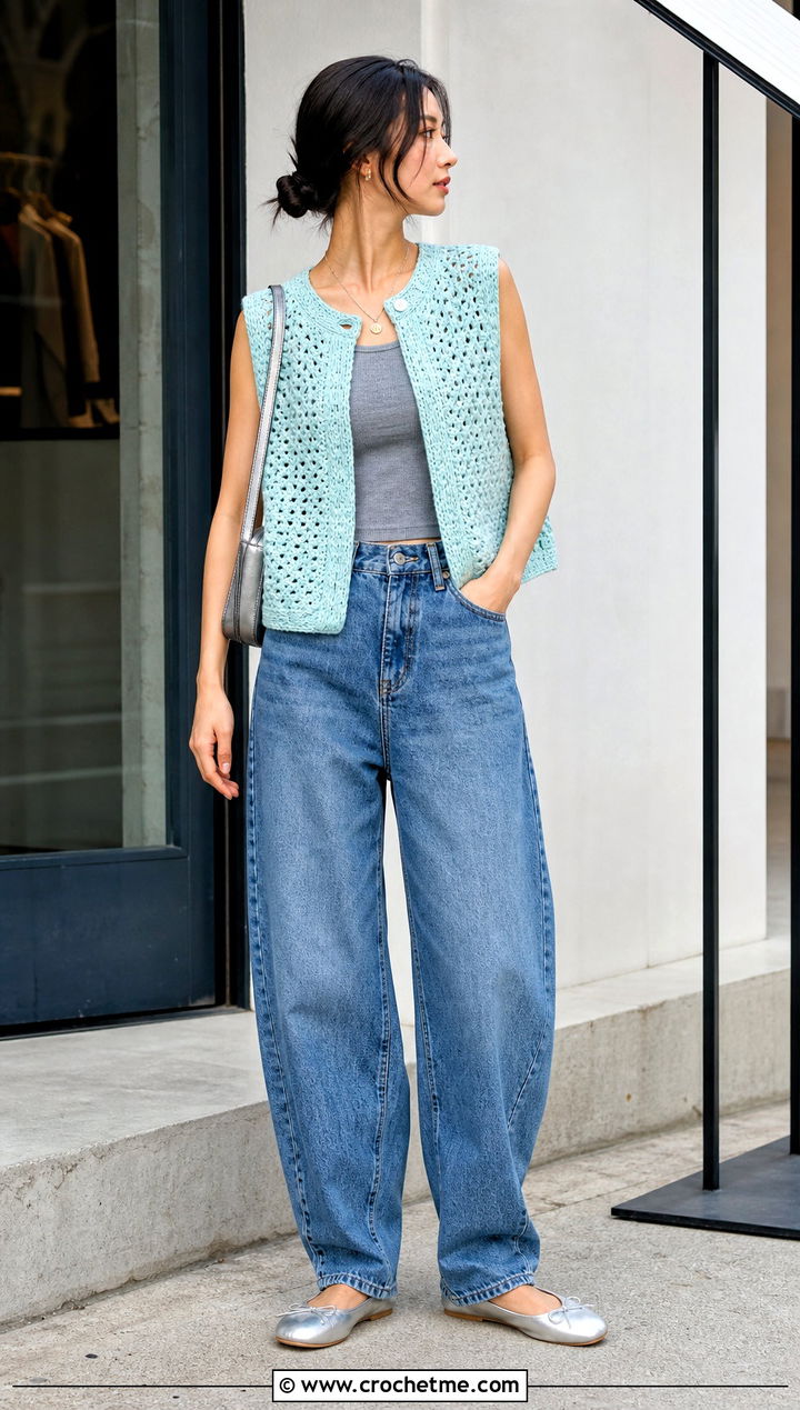 Boxy Crochet Sleeveless Vest With Barrel Jeans - 35 crochet sleeveless vest outfit ideas