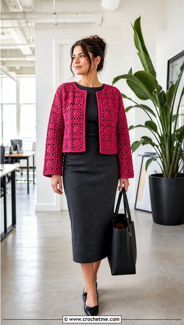 Boxy Crochet Square Jacket With Pencil Skirt - 30 crochet square jacket outfit ideas