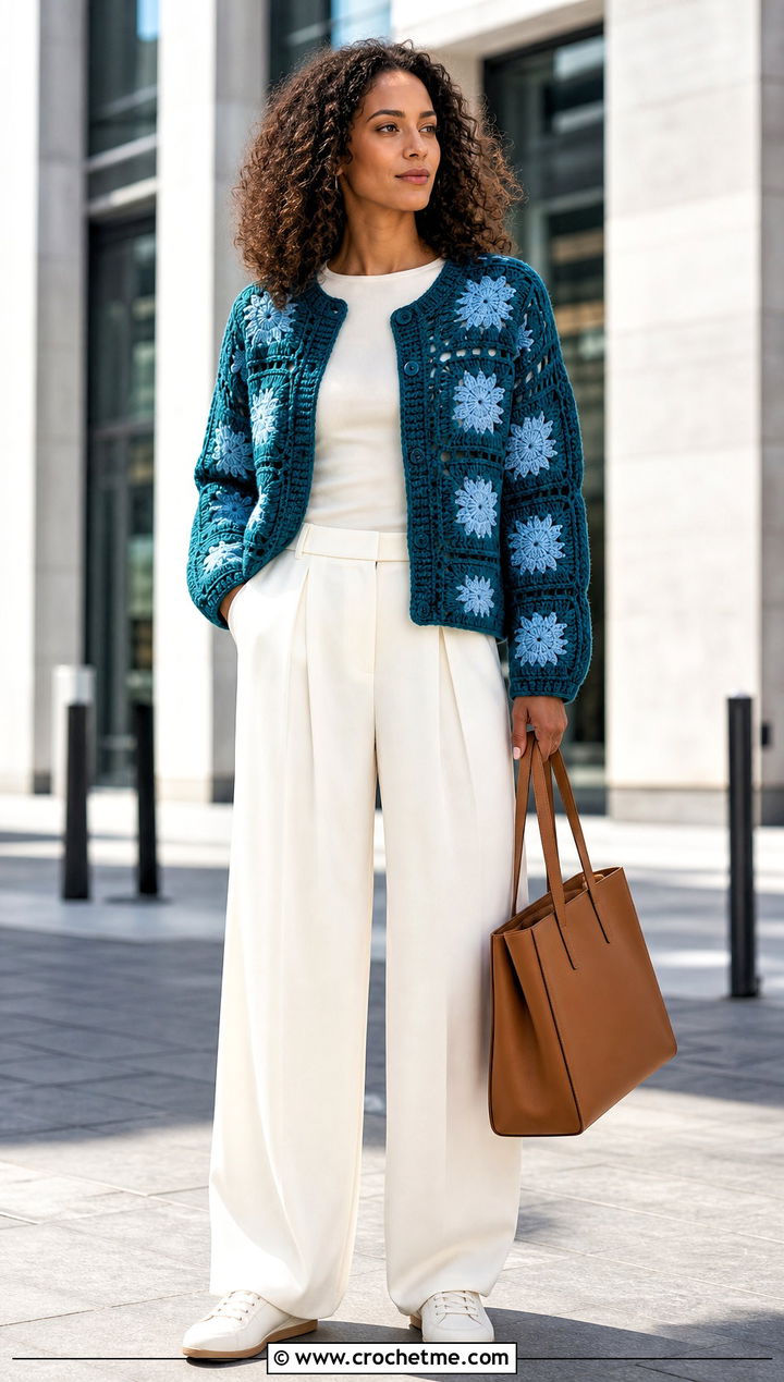 Boxy Crochet Star Granny Square Cardigan With Tailored Trousers - 25 Crochet Star Granny Square Cardigan outfit ideas