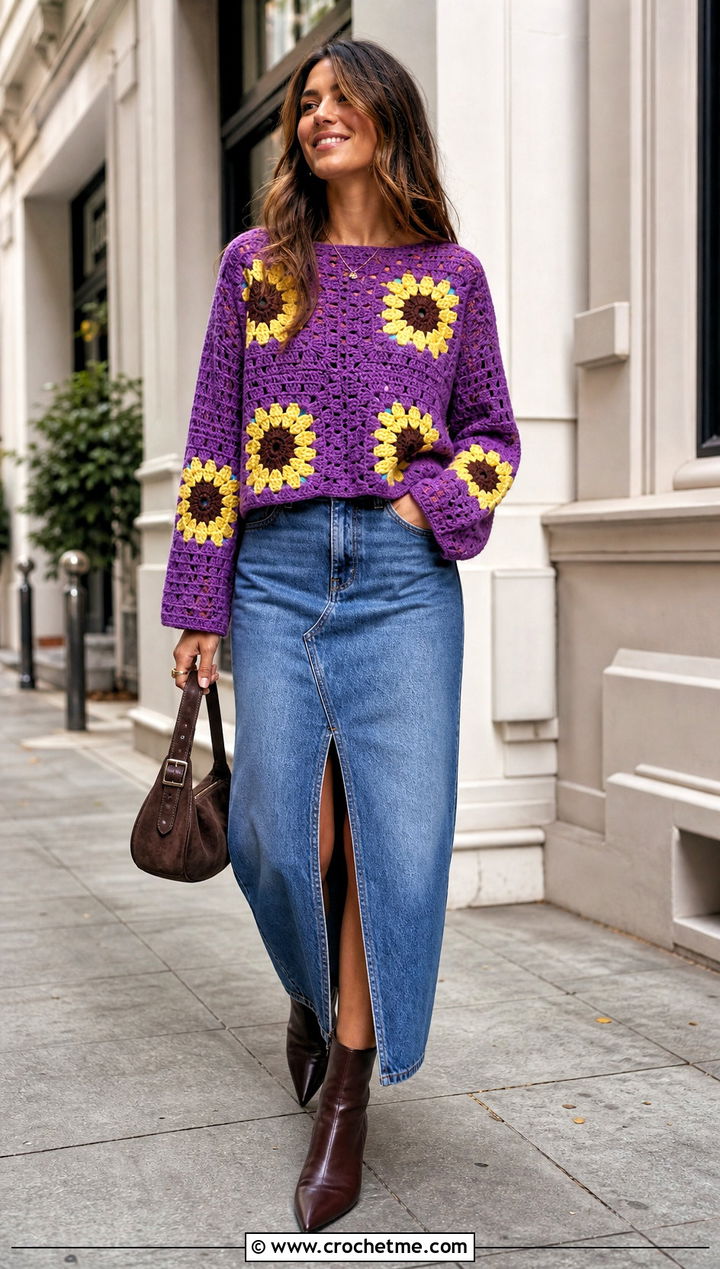 Boxy Crochet Sunflower Sweater With Denim Maxi Skirt - 35 crochet sunflower sweater outfit ideas