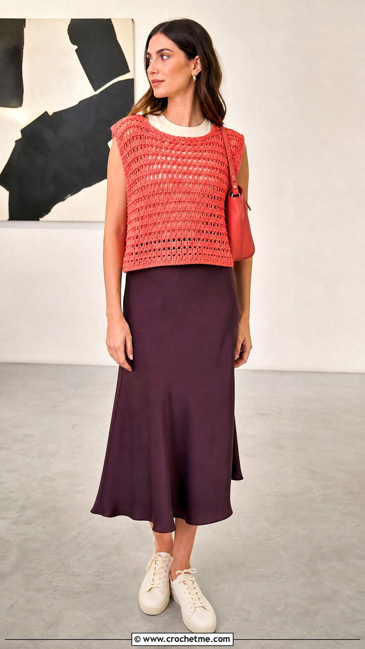 Boxy Crochet Sweater Vest With Bias Cut Midi Skirt - 35 crochet sweater vest outfit ideas