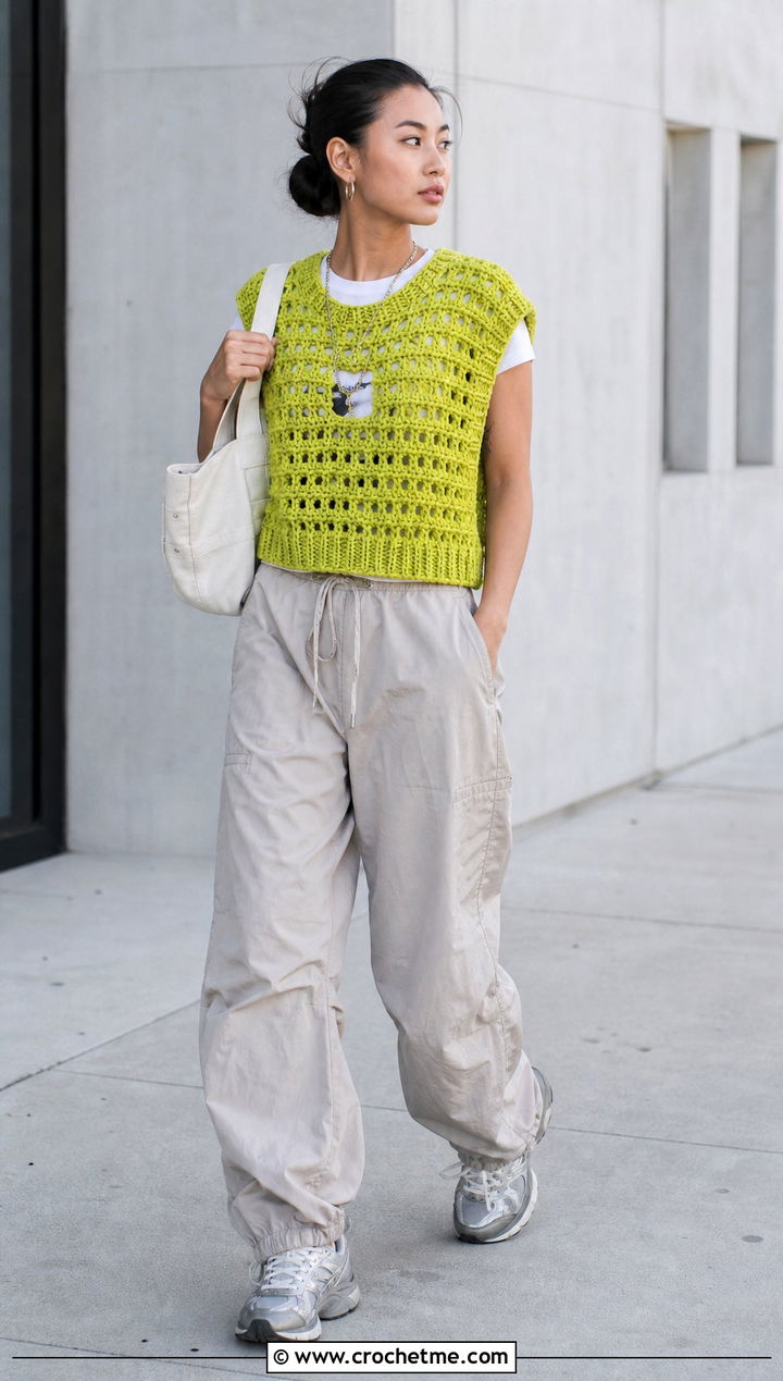 Boxy Crochet Sweater Vest With Parachute Pants - 25 diy crochet sweater vest outfit ideas
