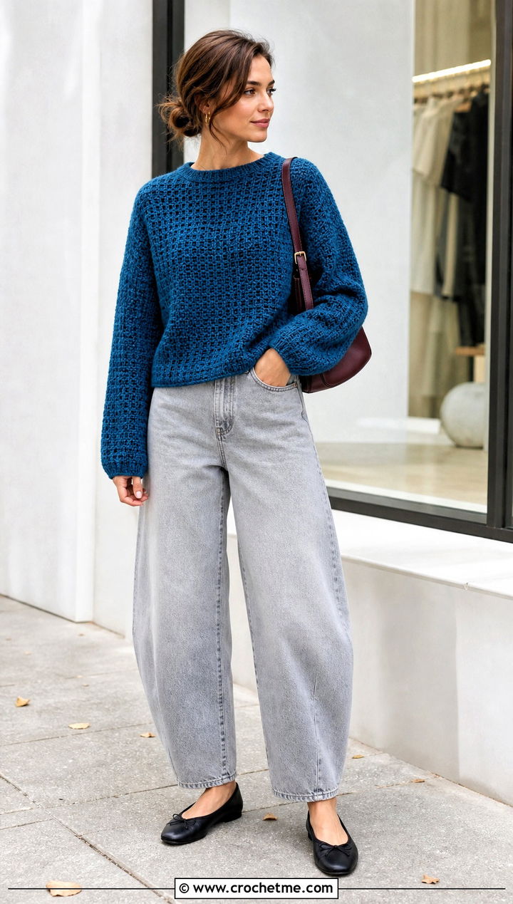 Boxy Crochet Sweater With Barrel Leg Jeans - 25 Basic Crochet Sweater outfit ideas