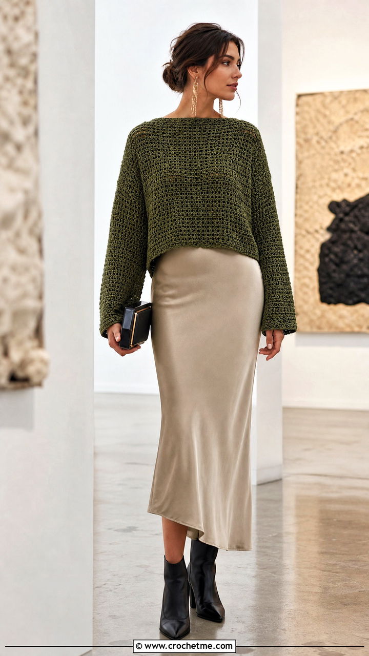 Boxy Crochet Sweater With Bias Cut Skirt - 35 cute crochet sweaters outfit ideas