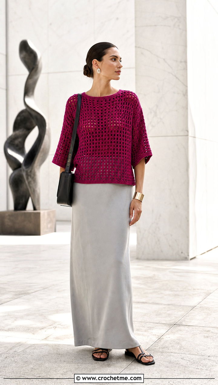 Boxy Crochet Sweater With Column Maxi Skirt - 35 summer crochet sweater outfit ideas