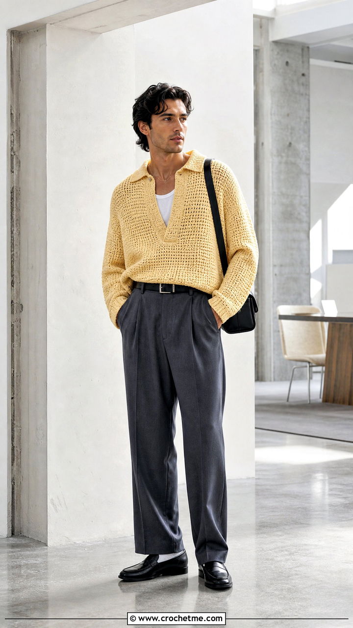 Boxy Crochet Sweater With High Waisted Trousers - 35 crochet mens sweater outfit ideas
