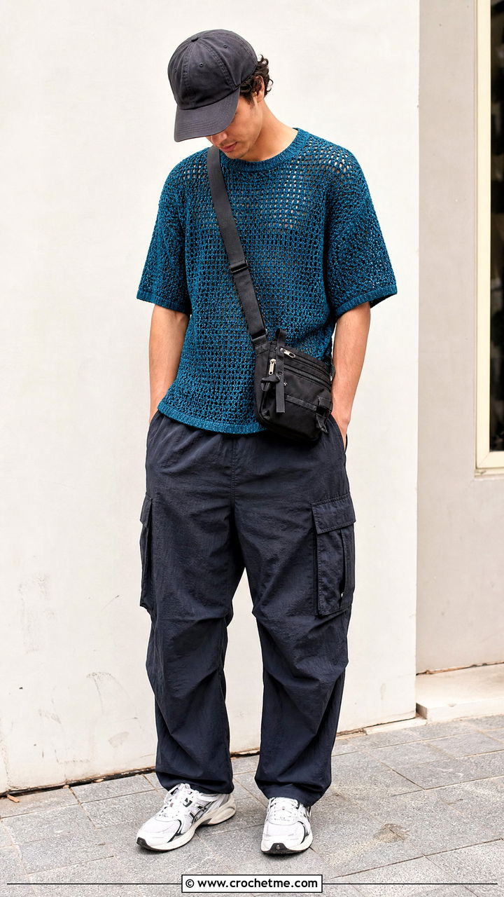Boxy Crochet T Shirt With Cargo Pants - 35 crochet shirt men outfit ideas