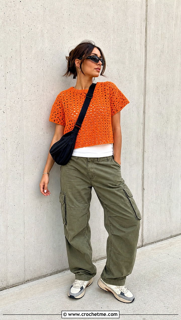 Boxy Crochet T Shirt With Cargo Pants - 25 Crochet For Beginners Clothes and outfit ideas