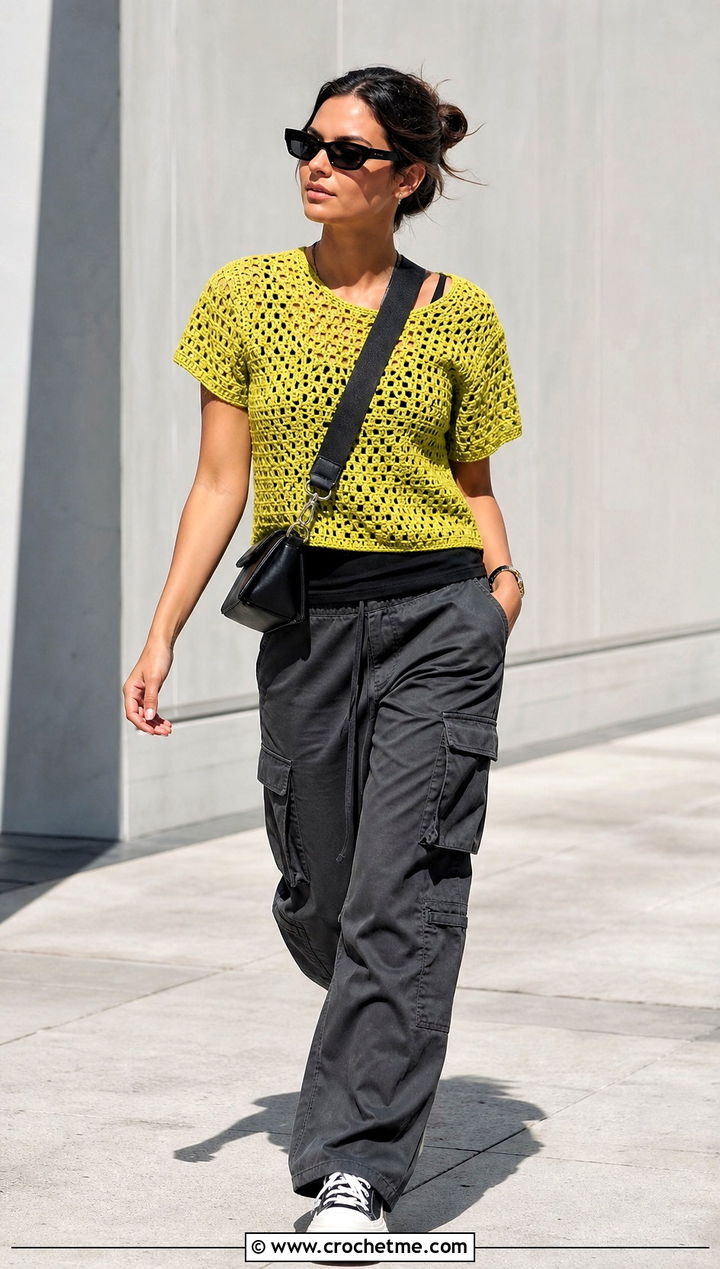 Boxy Crochet T Shirt With Cargo Pants - 30 crochet clothing for beginners outfit ideas