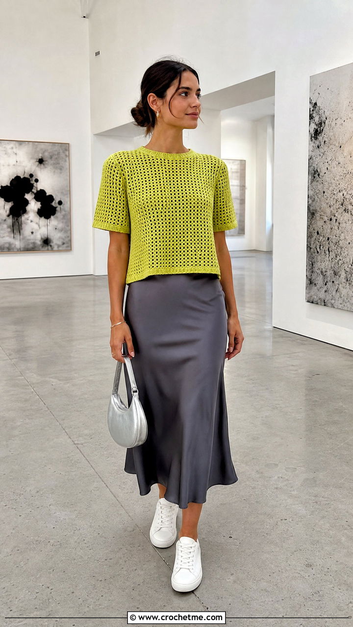 Boxy Crochet T Shirt With Satin Midi Skirt - 35 beginner crochet clothes and outfit ideas