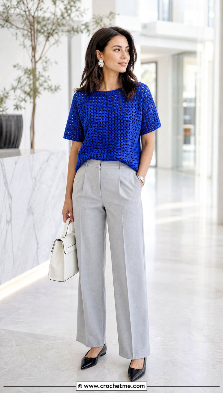 Boxy Crochet T Shirt With Tailored Trousers - 35 crochet t shirt outfit ideas