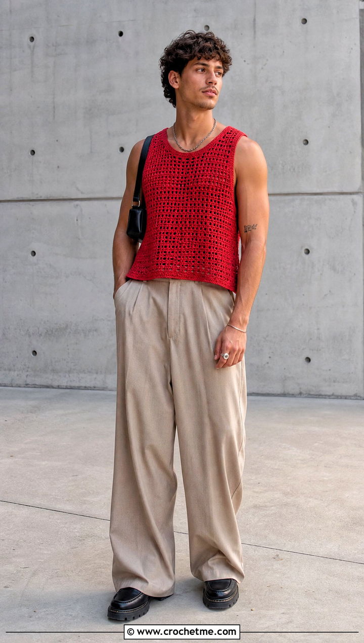 Boxy Crochet Tank Top With Wide Leg Pants - 25 crochet mens tank top outfit ideas