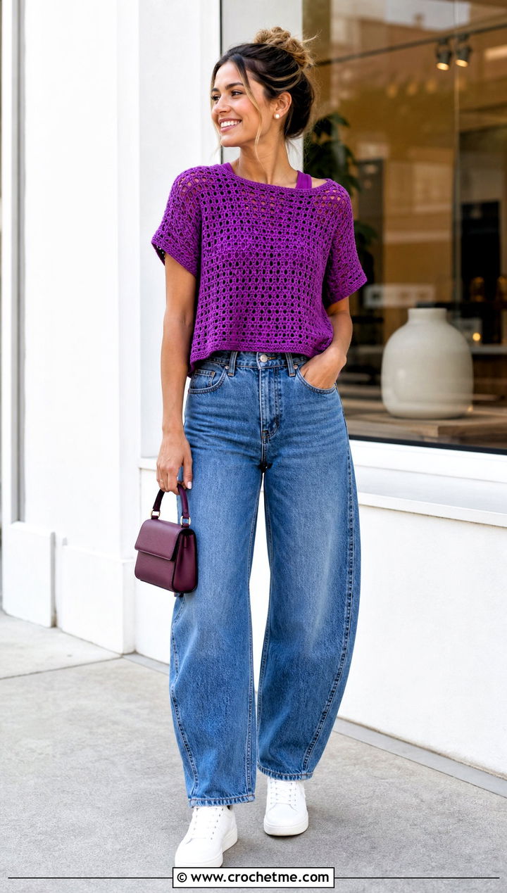 Boxy Crochet Tee With Barrel Leg Jeans - 30 quick crochet top outfit ideas