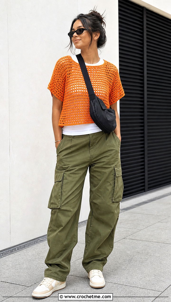 Boxy Crochet Tee With Cargo Pants - 25 beginner crochet clothing and outfit ideas
