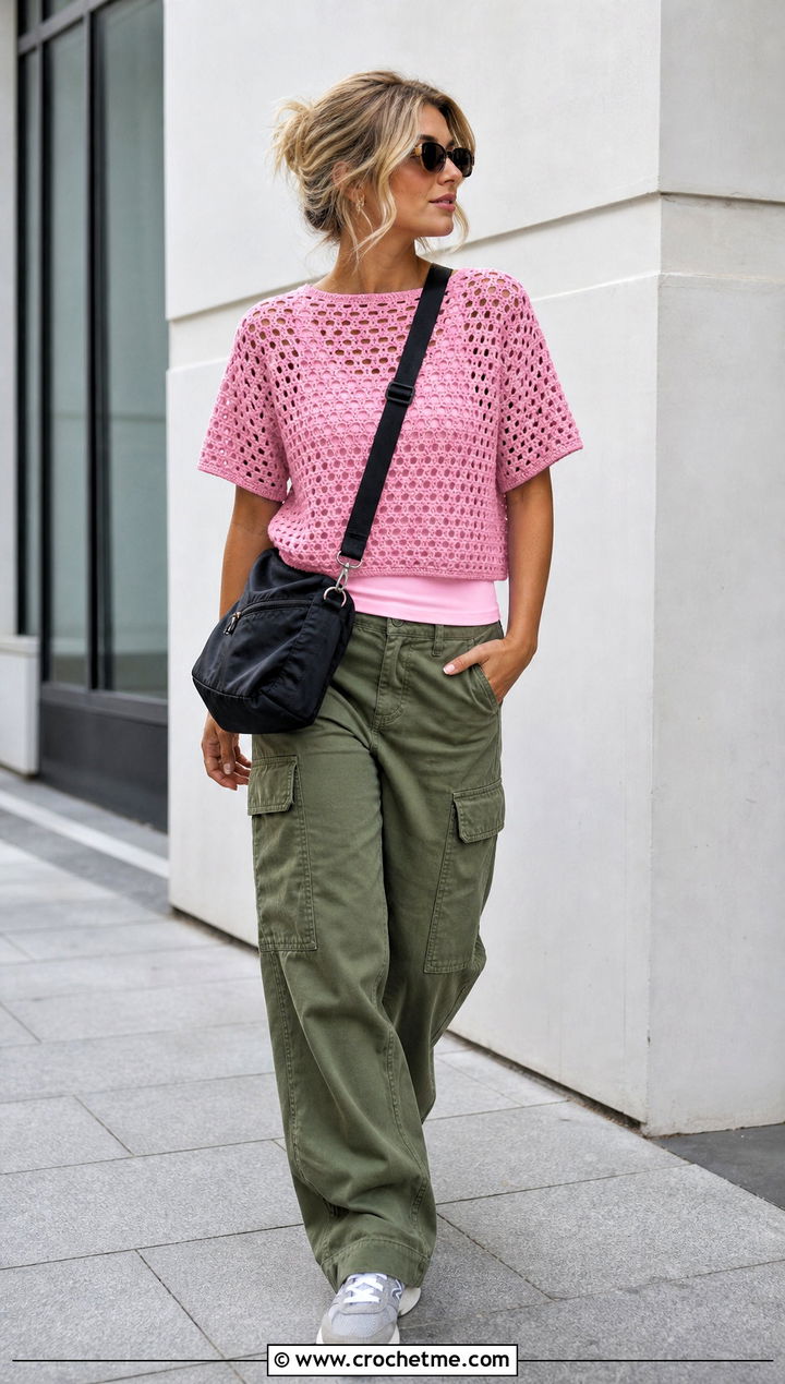 Boxy Crochet Tee With Cargo Pants - 25 easy clothes to crochet outfit ideas