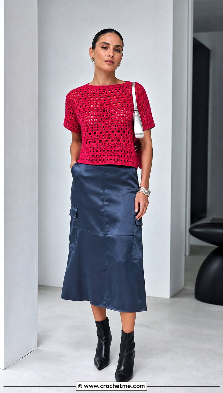 Boxy Crochet Tee With Satin Cargo Skirt - 15 intermediate crochet tee outfit ideas
