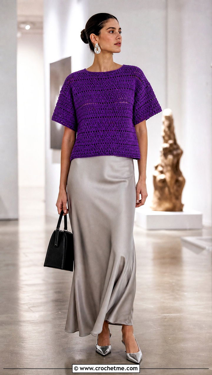 Boxy Crochet Tee With Satin Slip Skirt - 35 crochet tee shirt outfit ideas