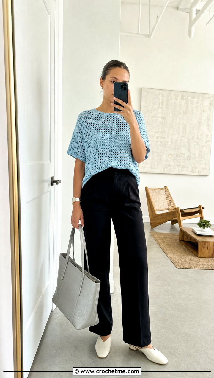 Boxy Crochet Tee With Straight Leg Trousers - 25 easy crochet summer tops for beginners outfit ideas