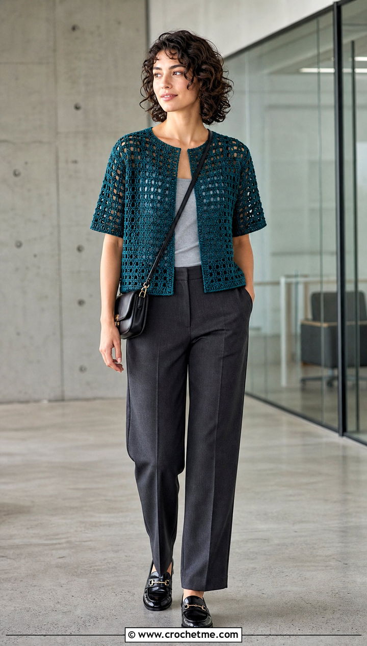 Boxy Crochet Tee With Straight Leg Trousers - 30 crochet short sleeve top outfit ideas