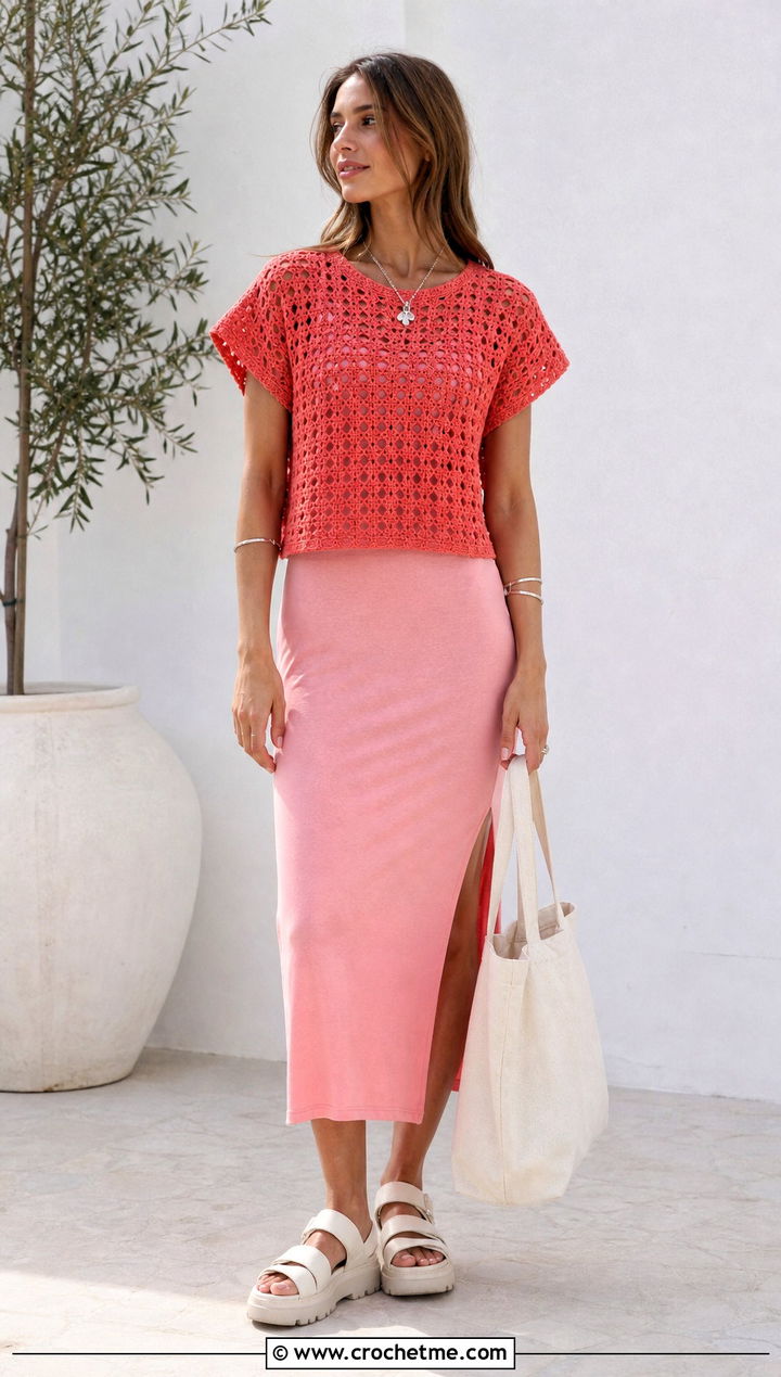 Boxy Crochet Top Over A Tank Dress - 30 Crochet Top Layering Outfit ideas