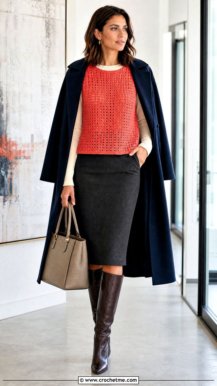 Boxy Crochet Top With Pencil Skirt - 35 crochet fall top outfit ideas