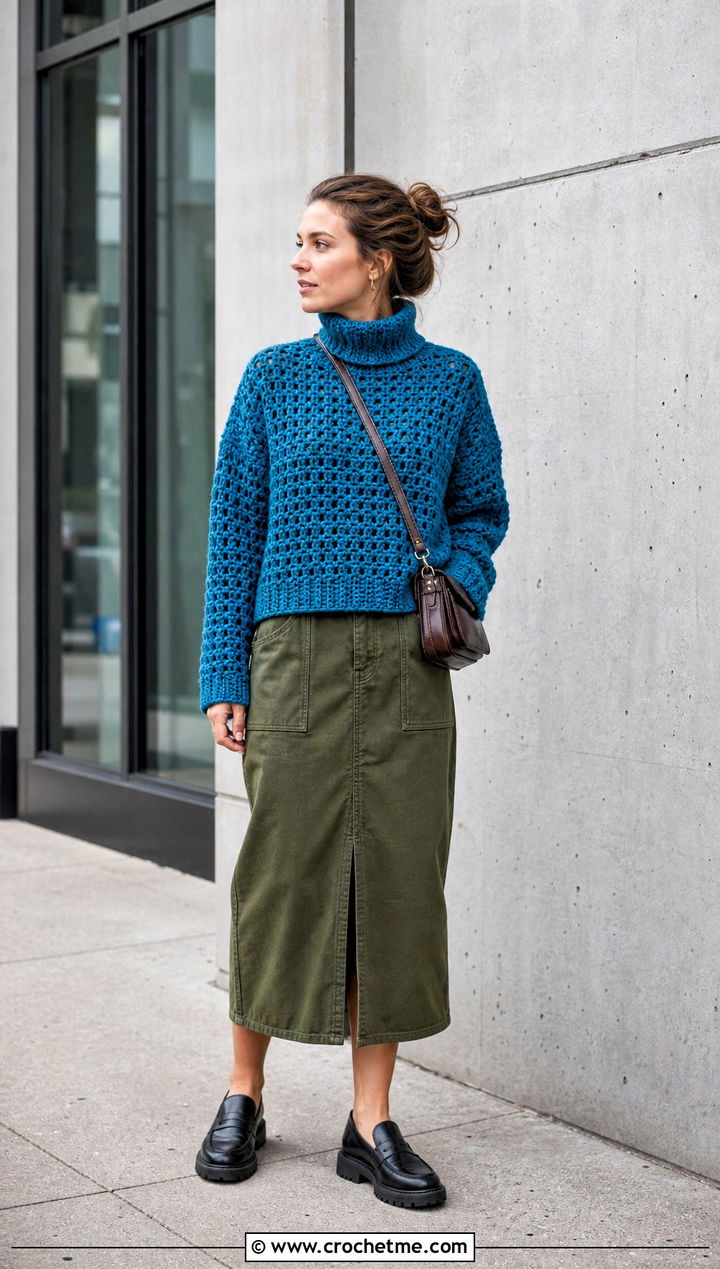 Boxy Crochet Turtle Neck Sweater With Utility Midi Skirt - 35 crochet turtle neck sweater outfit ideas