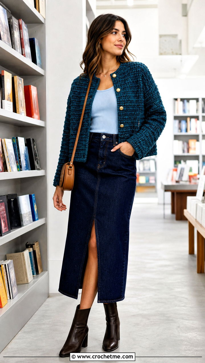 Boxy Crochet Tweed Jacket With Denim Midi Skirt - 30 crochet tweed jacket outfit ideas