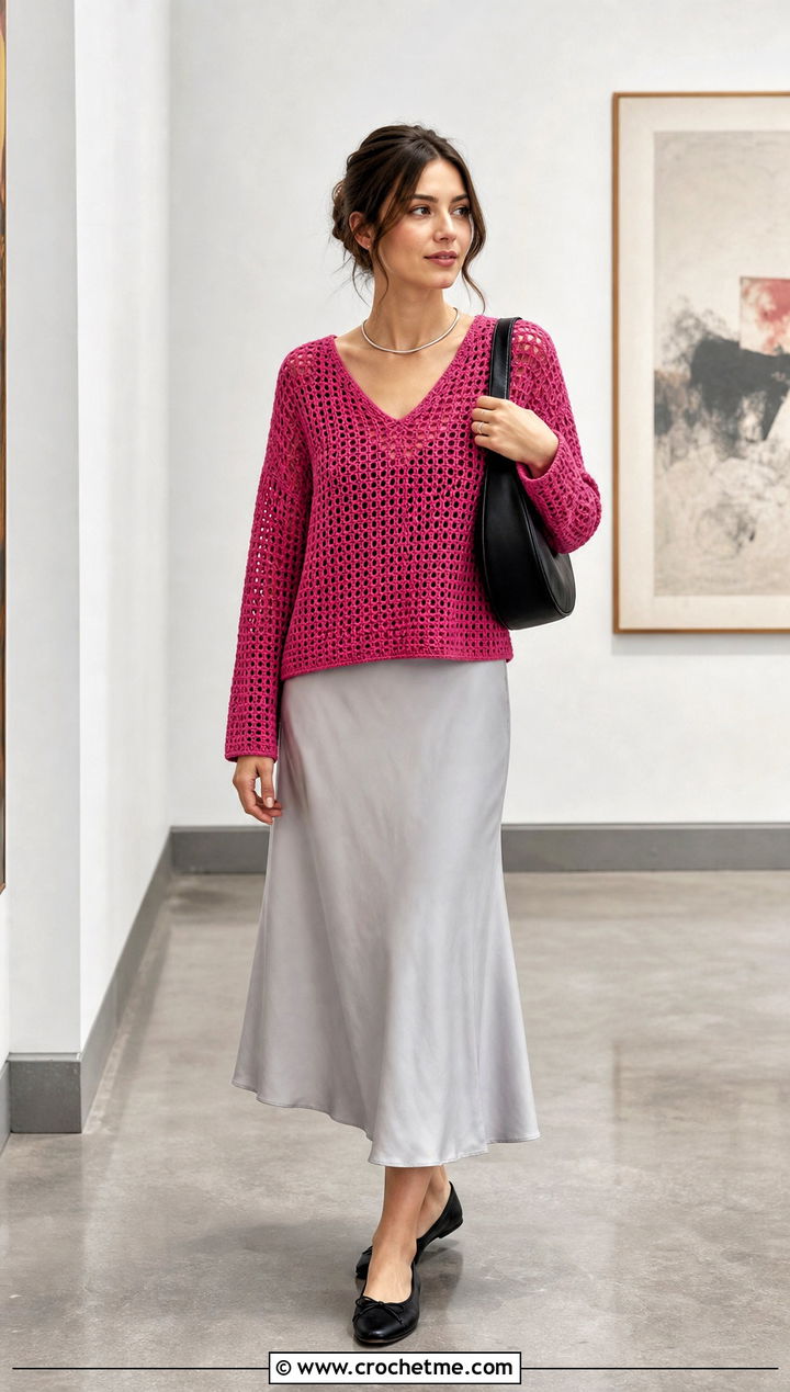 Boxy Crochet V Neck Sweater With Bias Cut Midi Skirt - 25 Crochet Vneck Sweater outfit ideas