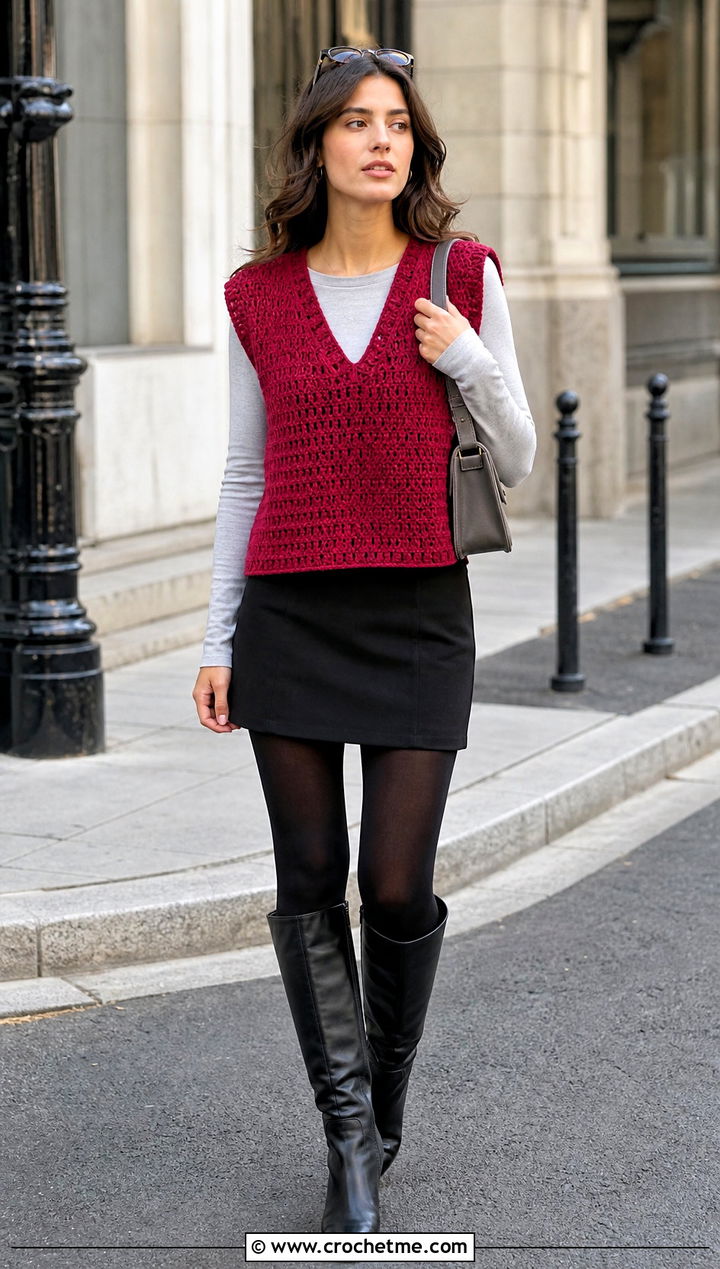 Boxy Crochet V Neck Vest With Mini Skirt And Boots - 30 crochet v neck vest outfit ideas