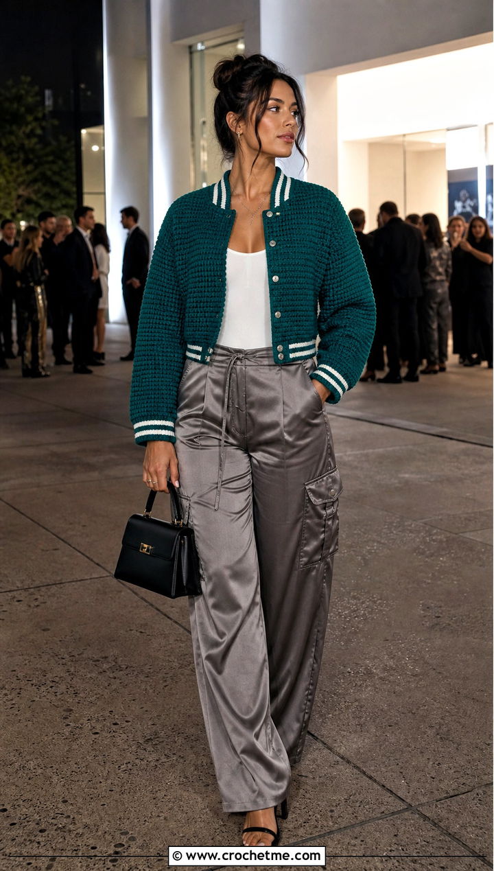 Boxy Crochet Varsity Jacket With Satin Cargo Pants - 35 crochet varsity jacket outfit ideas