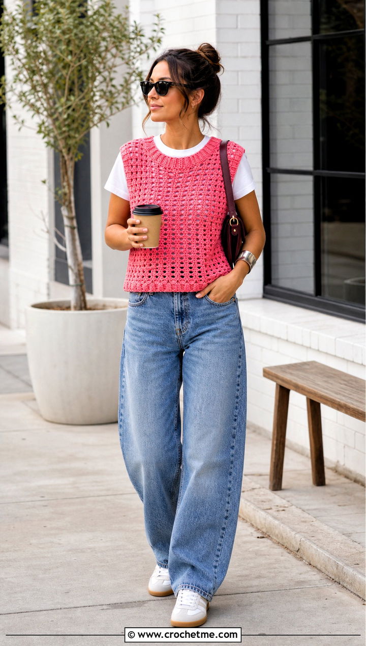 Boxy Crochet Vest Top With Barrel Jeans - 30 70s crochet top outfit ideas