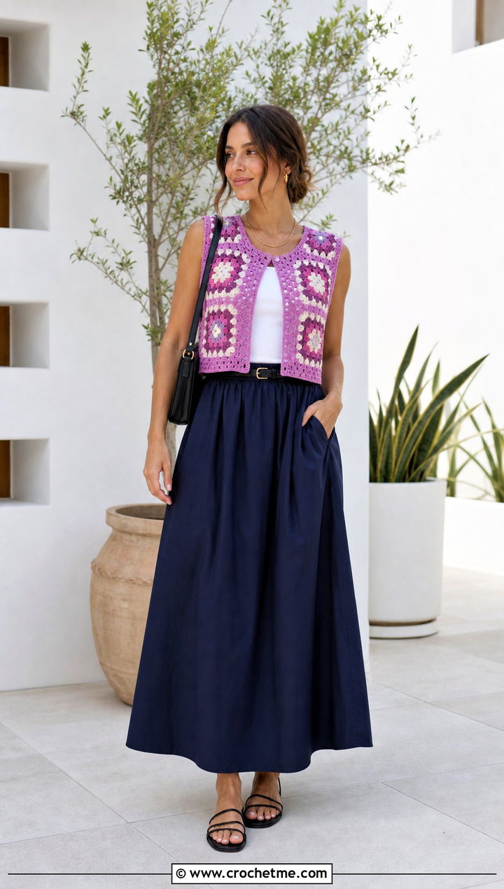 Boxy Crochet Vest With a Poplin Maxi Skirt - 35 crochet vests outfit ideas