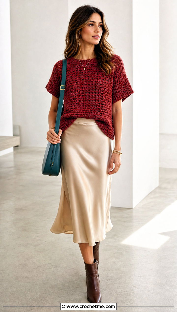 Boxy Crochet Wool Tee With Bias Cut Skirt - 35 crochet wool top outfit ideas