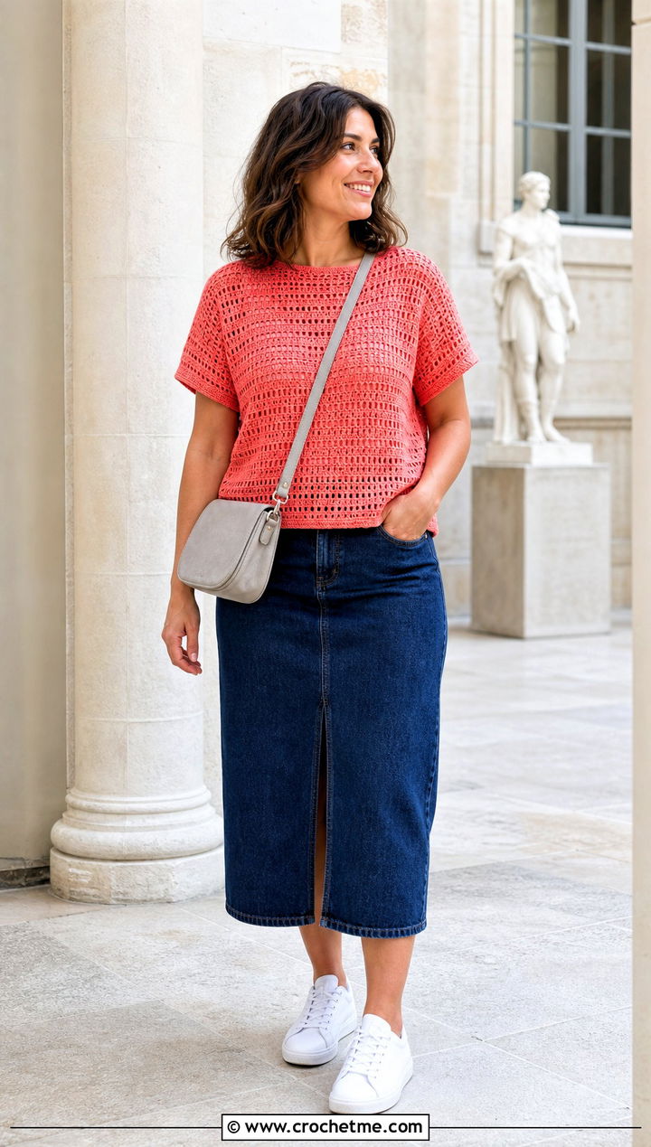 Boxy Crocheted Shirt With Denim Midi Skirt - 35 Crocheted Shirt outfit ideas